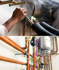 Plumber using torch on copper pipes highlighting One Quarter By Three Eighths Inch Copper Reducer Coupling For HVAC Systems Refrigeration