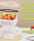 Five Pack Fridge Storage Containers With Removable Colanders, Leakproof Lids, And Clear Lids, From Extra Large To Mini, great for storing fruits with visible colander and water drainage.