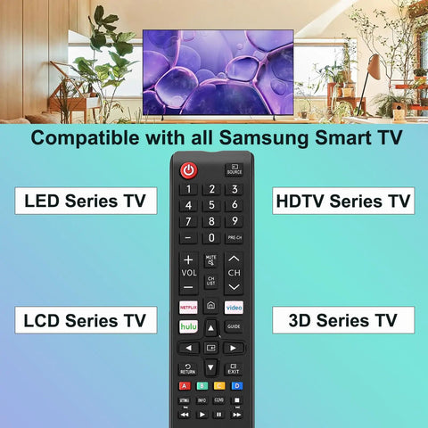 Universal Samsung TV Remote Control Replacement That Works With All Samsung LCD LED HDTV 3D Smart TVs Including Every Series Easy Setup No Code Needed Plug And Play IR Remote shown with TV.