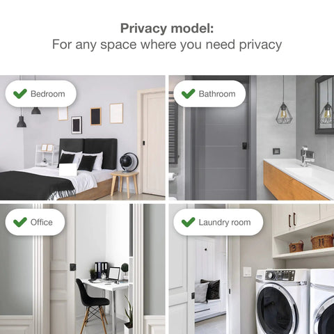 Onward Rectangular Pocket Door Pull With Privacy Lock, Black Finish, Three And A Quarter Inch, shown in bedroom and bathroom settings