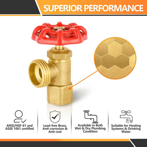 2-Pack Brass Boiler Drain Valves, Three-Quarter Inch FIP Inlet and Three-Quarter Inch MHT Outlet, corrosion-resistant with red handle