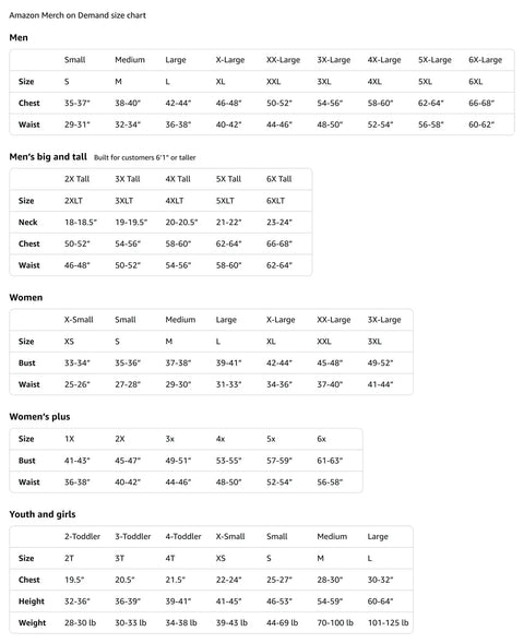 Amazon Merch on Demand size chart for men, women, and youth showing measurements for various sizes including chest and waist.