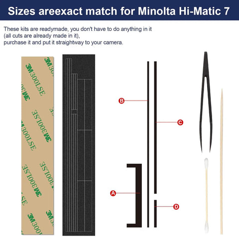 Top-Notch Pre-Cut Light Seal Foam Kit Takes Care of Light Leakage for Minolta Hi-Matic 7 7S 7S II Film Camera showing pre-cut foam strips and tools.