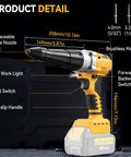 Powerhouse Cordless Brushless Rivet Gun Plays Nicely With Dewalt 20V Batteries showing LED light, start switch, and guide nozzle.