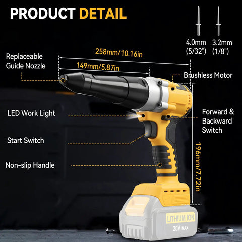 Powerhouse Cordless Brushless Rivet Gun Plays Nicely With Dewalt 20V Batteries showing LED light, start switch, and guide nozzle.