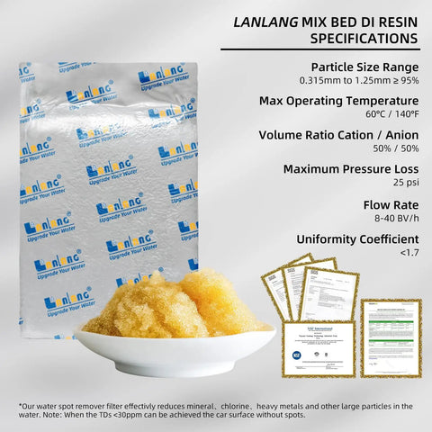 LANLANG mix bed DI resin specifications with yellow resin and certification documents, Portable Deionized Water System For Car Wash And Auto Detailing Features Heavy Duty Mixed Bed Resin For A Super Easy Setup That Hands You A Totally Spot Free Shine After Every Detail Job.