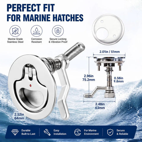 Close-up of Four Pack 316 Stainless Steel Marine Cam Latches With Flush Pull Handles for yacht hatches and RV compartments.
