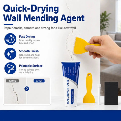 Hassle Free White Wall Repair Paste Kit With Built In Scraper, 250g tube, applying paste to wall crack for repairs.