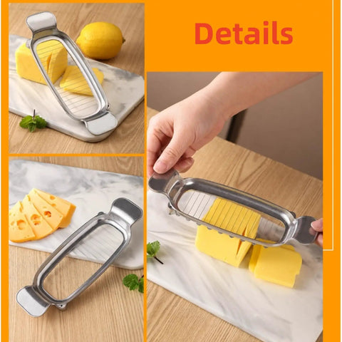 Heavy Duty Real Deal Butter And Cheese Slicer With Precision Stainless Steel Wires Ergonomic Grip Dishwasher Safe in use, slicing cheese.