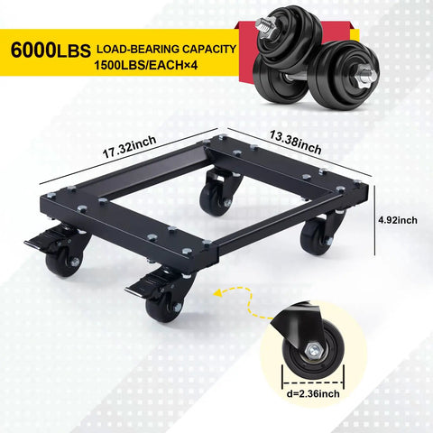 Beast Mode Heavy Duty Car Dolly Set Of 4 Featuring 6000 Lbs Capacity with strong steel frame and dual swivel brake wheels.