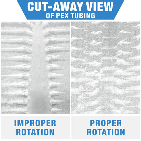 Cut-away view of PEX tubing showing improper and proper rotation using PEX Expansion Tool Kit With Auto Rotate Expander For One Half Inch Tubing Fits Uponor Wirsbo ProPEX Sleeves And Fittings Includes Cutter And Grease Meets ASTM F1960.