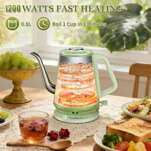 Gooseneck Electric Kettle 0.8L With 1200W Quick Boil, Stainless Steel, Auto Shut Off, Precision Pour Over Kettle for Small Kitchens, Green