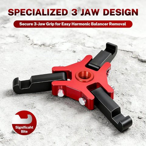 Harmonic Balancer Puller Set For Crankshaft Dampers 3 Jaw Pulley Removal Tool in red and black on concrete surface