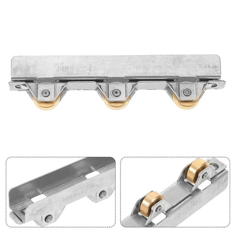 Heavy Duty Sliding Door Window Pulley Wheel With Double Bearing Track Guide Roller showing three metal wheels and roller assembly