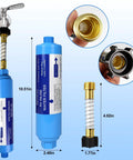 Essential 2 Pack Rv Inline Water Filter With Flexible Hose Protector Lead Free Bpa Free Nsf Tested Activated Carbon showing dimensions and connections.