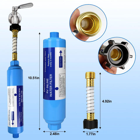 Essential 2 Pack Rv Inline Water Filter With Flexible Hose Protector Lead Free Bpa Free Nsf Tested Activated Carbon showing dimensions and connections.