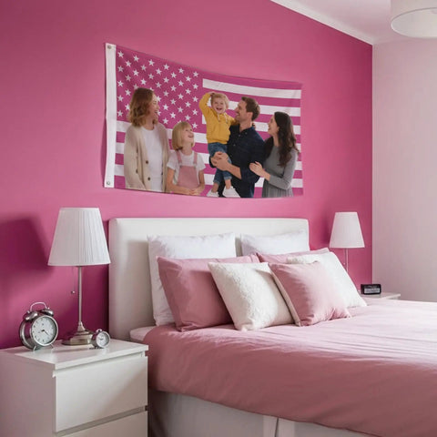 Pink Dope American Flag 3x5 Ft Double Sided Outdoor Flag with personalized family photo on bedroom wall