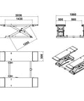 Blueprint showing dimensions and details of Built Like A Tank Heavy Duty Mid Rise Scissor Lift for auto hoisting.