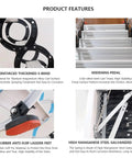 Product features of Game Changer Electric Attic Ladder Pull Down Design with Comfort Grip Armrests showcasing S-bend, widening pedal, and rubber feet.