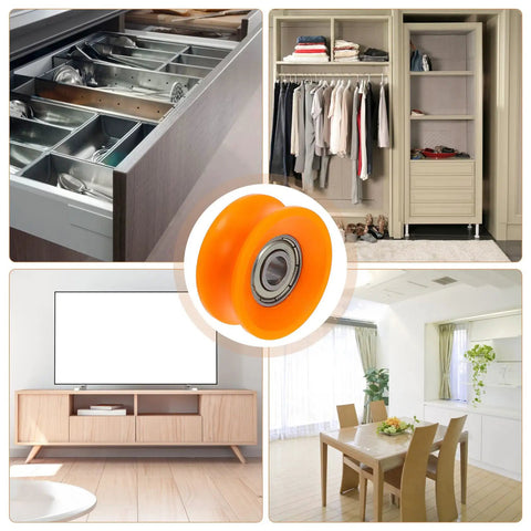 Heavy Duty Nylon U Groove Pulley Wheels With Micro Ball Bearings Built Like A Tank Super Quick Snap Install, showing an orange pulley in a modern kitchen setup.