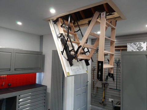 Premium Electric Attic Lift Stairs With No Sweat Remote Control Built Rugged Beech Wood Frame For Homes 7 Feet 10 Inches To 9 Feet 6 Inches Tall, showing ladder in open position.