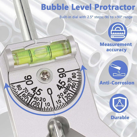 Pipe center finder with 4-inch Y-type base and adjustable dial protractor; metal construction (close-up).