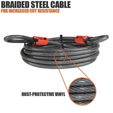 Heavy Duty 30Ft Security Cable With Loops 10mm Braided Steel Cut Resistant And Weatherproof Ideal For Padlocks Chain Locks And Wire Locks Durable Pair Set For Bikes Tools And Gates coiled with rust-protective vinyl