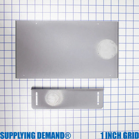Tankless Gas Water Heater Pipe Cover Kit for ECO Series Models, metal pieces on grid background, mounts underneath indoor or outdoor installation conceals the messy piping and keeps it safe from tampering and water infiltration