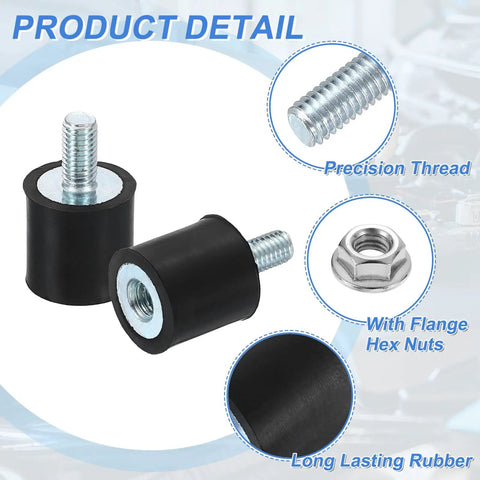 Kick That Stubborn Shake Right To The Curb With Heavy Duty M5 Rubber Anti Vibration Isolator Mounts Featuring Zinc Plated Hardware And Serrated Flange Nuts, close-up of durable rubber isolators and hex nuts.