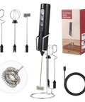 Rechargeable Handheld Milk Frother With Stand 3 Speeds And 3 Detachable Stainless Steel Whisks Electric Drink Mixer in packaging