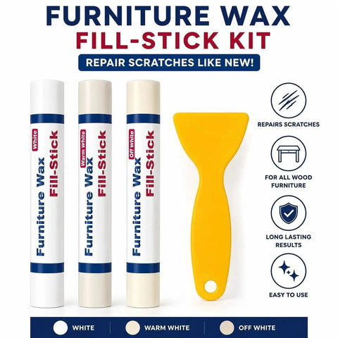 No Sweat Wood Repair Sticks Set Packed With Three Easy White Tones For Lightning Fast Furniture Fixes and scraper tool.