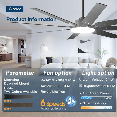 Dope 72 Inch Ceiling Fan With Lights Remote Control Dimmable 3CCT Black Modern Ceiling Fan in a living room setting