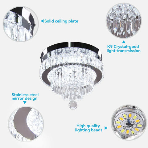 Dimmable Crystal LED Flush Mount Ceiling Light With Remote Control, Slick Modern 11.8 Inch Chandelier, detailed components view