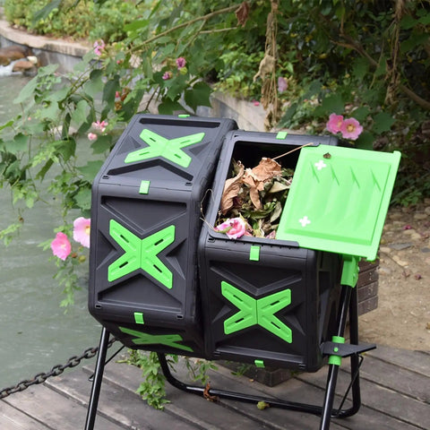 Dual Chamber Tumbler Compost Bin With 140L Capacity Outdoor Garden No Sweat Spin Rotation Sturdy Steel Frame in use