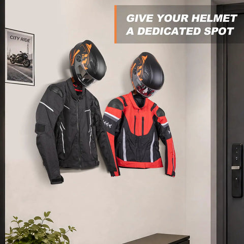 Heavy Duty Solid Steel And Premium Natural Wood Motorcycle Helmet Wall Mount Rack With Rust Resistant Matte Black Finish Built Tough For Motorcyclists Rock Solid Garage Gear Stash Two Pack with helmets on jackets in modern hallway.