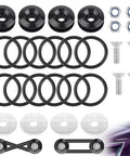Universal Bumper Quick Release Clip Kit with Four Black Tabs and Twelve O Ring Fasteners for Front and Rear Bumpers.