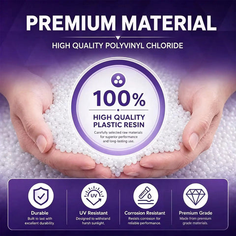 Premium material graphic highlighting 100% high quality plastic resin, durable and UV resistant, ideal for reliable use.