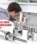 Heavy Duty PVC Pipe Threader Kit With Tapping Tool For 1/2, 3/4 And 1 Inch Pipes displayed with a user working on plumbing.