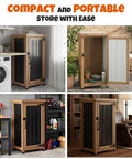 Slim Outdoor Storage Cabinet With Weatherproof Roof Wood And Metal Construction in various settings, black color