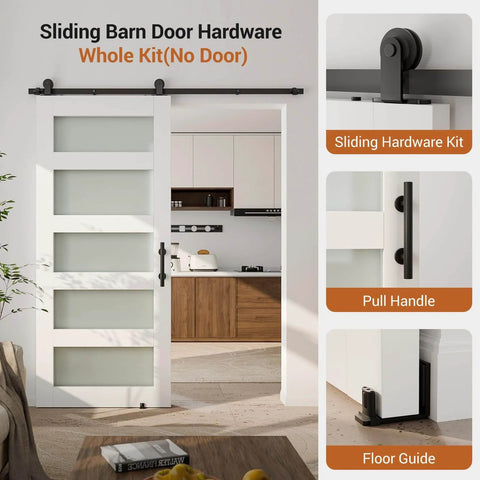 Heavy Duty Ten Foot Barn Door Hardware Kit With Sliding Track For Single Door Including Door Handle And Floor Guide Solid Steel Construction With Black Powder Coat Finish For Anti Corrosion Longevity Includes Rails Spacers Rollers Stops installed in living room.