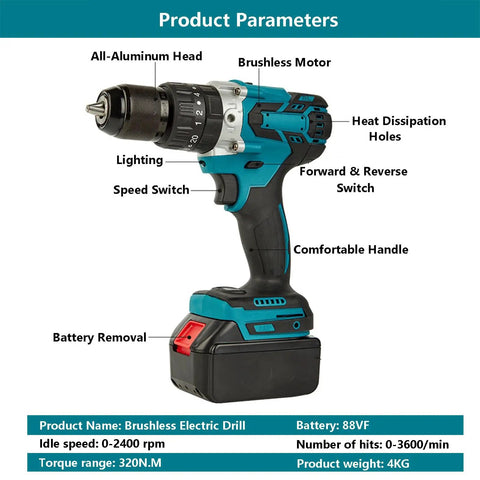 Tough As Nails Brushless Cordless Hammer Drill With 2400 Rpm Dual Speed Motor showing all-aluminum head and ergonomic handle.