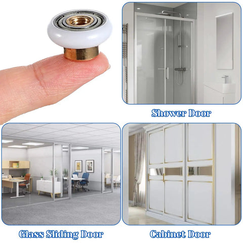 Top Shelf Shower Door Rollers Replacement Kit Featuring Bulletproof Carbon Steel Core And Hella Smooth Silicone Wheels For Nailed Bathroom Slider Performance Daily shown on finger with various door types.