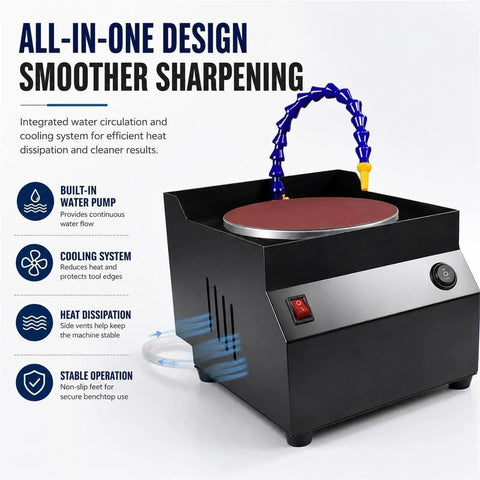 Versatile Wet Dry Bench Grinder And Powerful Electric Knife Sharpener With 7 Speed Settings For Metal Polishing And Tool Sharpening That Gets The Job Done Fast While Delivering A Slick Finish Every Single Time. Close-up of compact sharpener showing water circulation system.