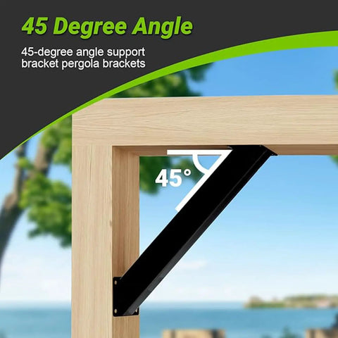Heavy Hitter 45 Degree Angle Support Brackets Kit For Wood Post 8 Piece Set showing black steel brace on wooden frame.