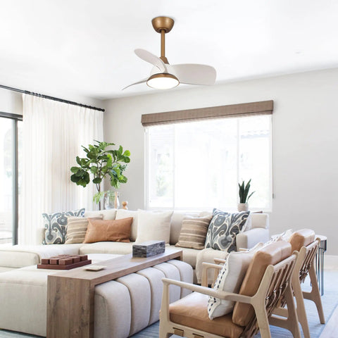 Compact Ceiling Fan With Remote And LED Light For Bedroom And Covered Patio 28 Inch Three Blade Brass Body in living room
