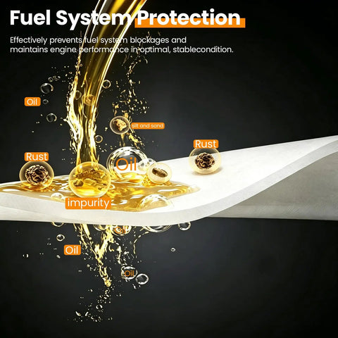 Fuel system protection visual showing oil and impurities filtering through material, demonstrating performance improvement design.
