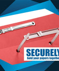 Slick 1 Inch Prong Paper Fastener Set With Heavy Gauge Binding Clips for Office and School Projects shown on red background.