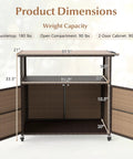 Sturdy Outdoor Storage Cabinet On Wheels With Solid Acacia Wood Frame And PE Rattan Finish showing dimensions and weight capacity.