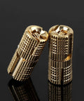 Drum Hinge Brass Concealed Copper Hinge 4 Pack with 180 Degree Opening, two decorative brass pieces close-up.
