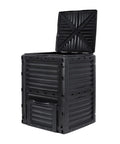 Big Ol 80 Gallon Garden Compost Bin Made From BPA Free Thick Plastic For Outdoor Use Easy Assembly Lightweight Design Maximizes Heat Retention And Moisture For Fast Soil Creation In Black, front view with open lid.